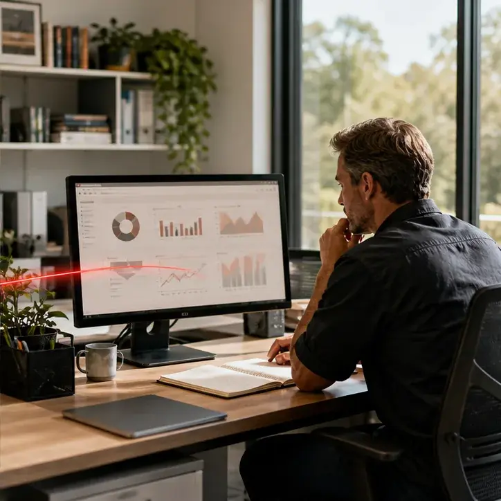A business owner reviewing trade business performance on a dashboard