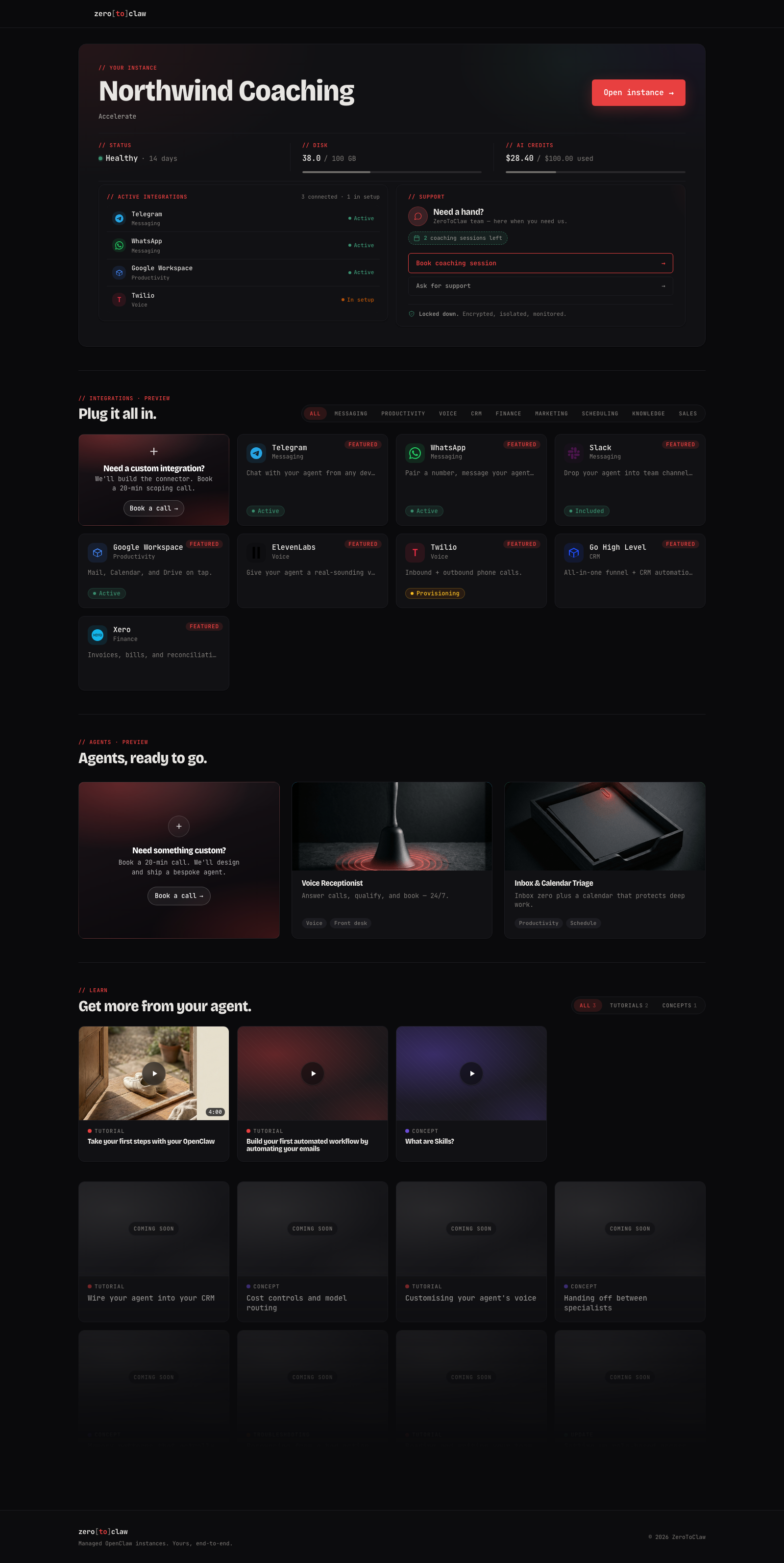 ZeroToClaw platform dashboard