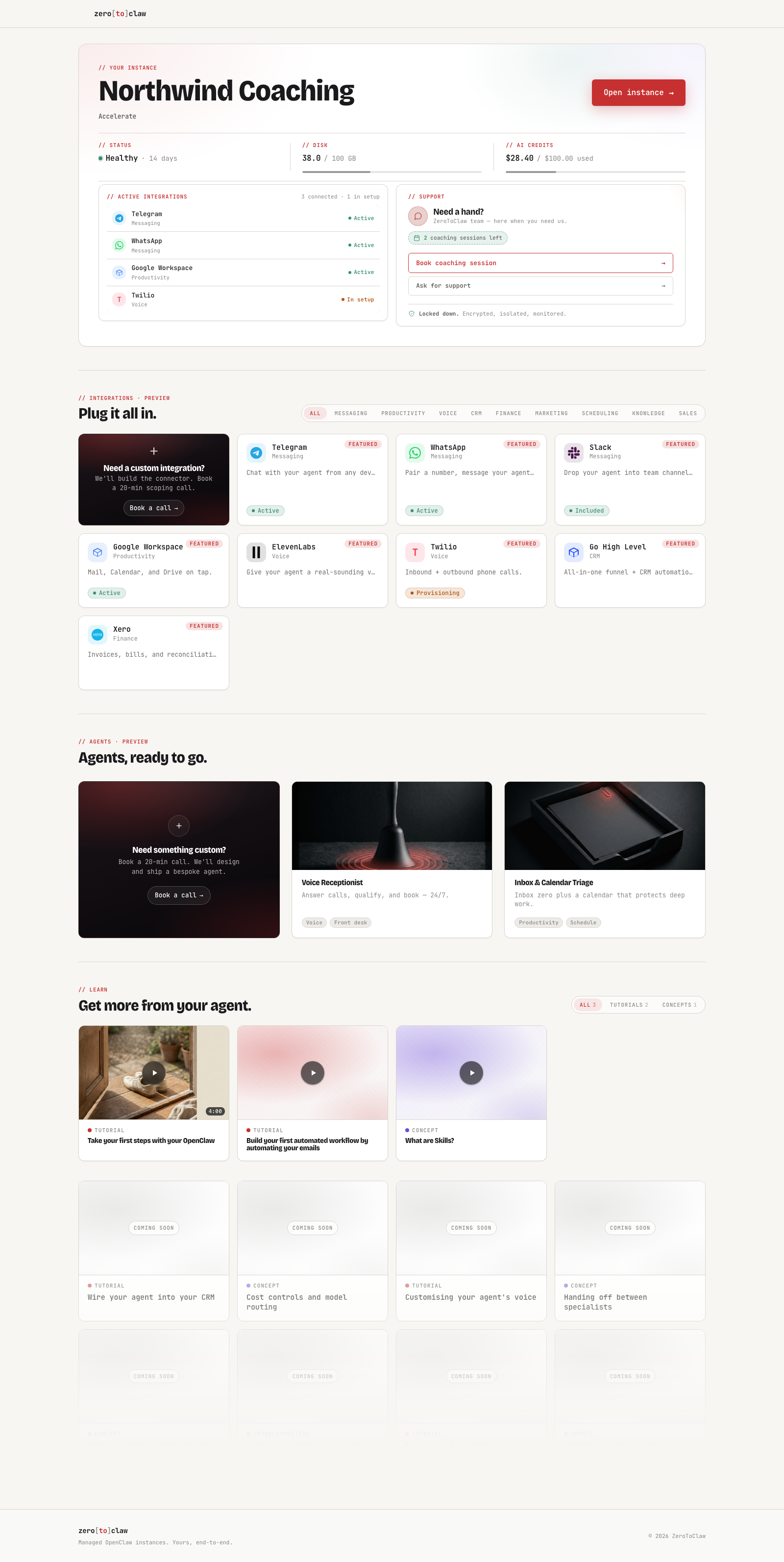 ZeroToClaw platform dashboard